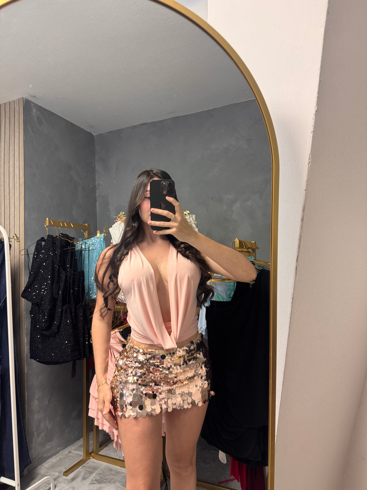 Gold mini skirt