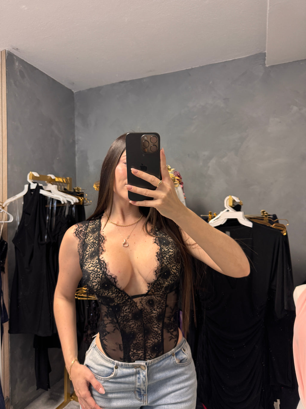 Black lace body suit