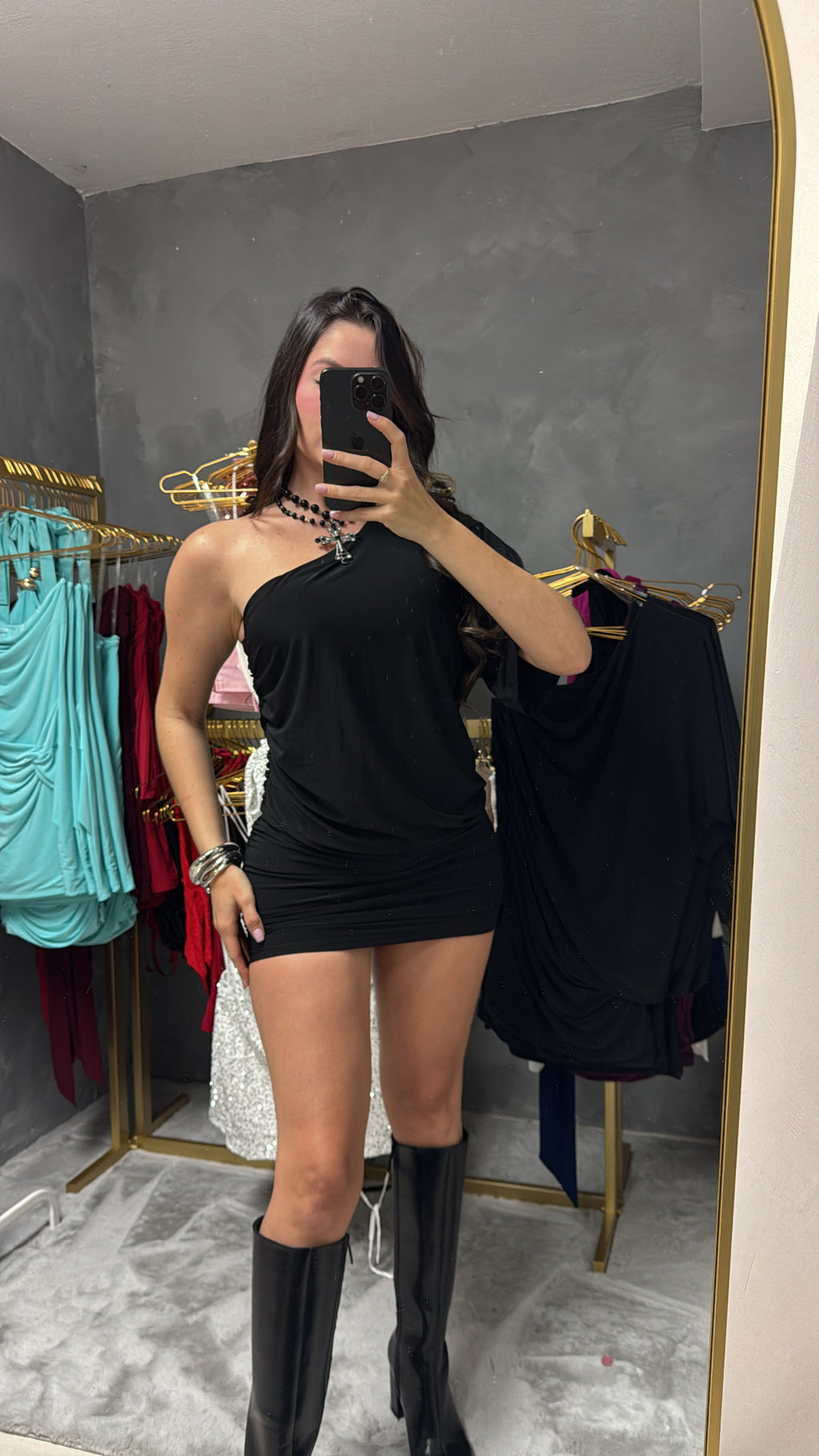 Black one shoulder mini dress