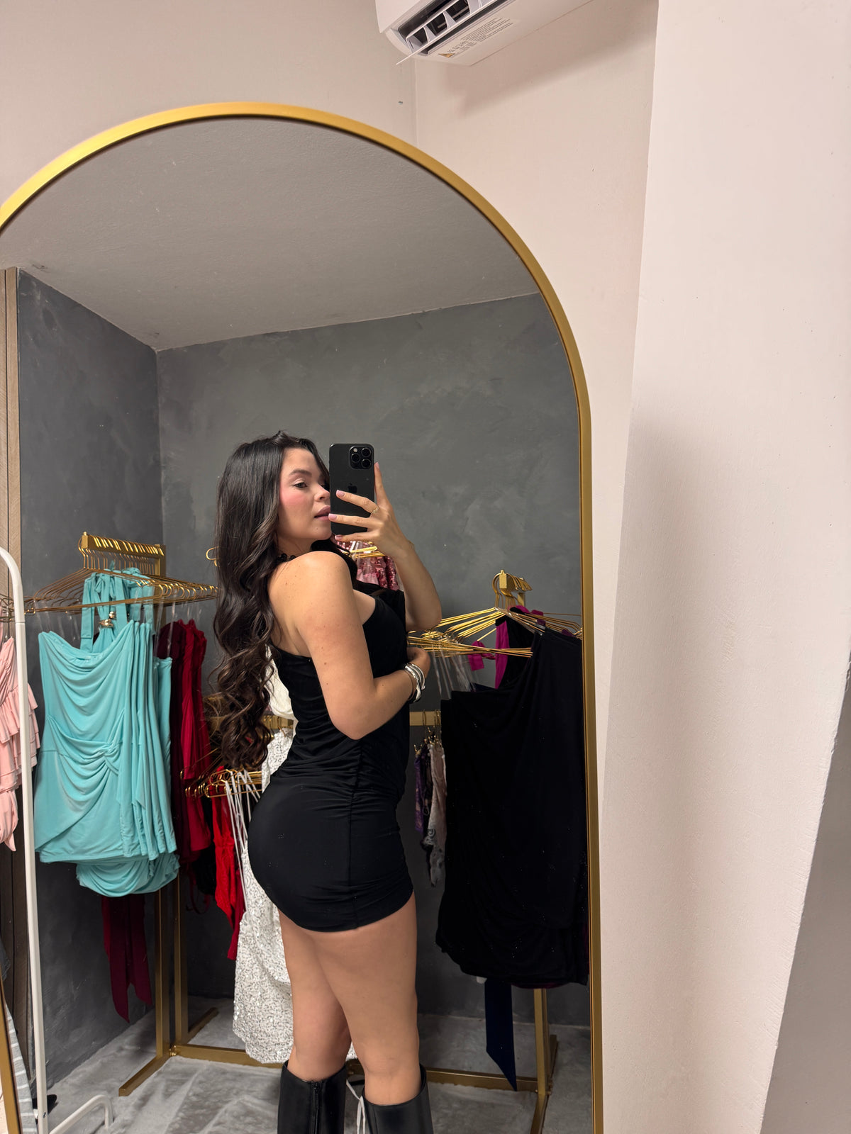 Black one shoulder mini dress